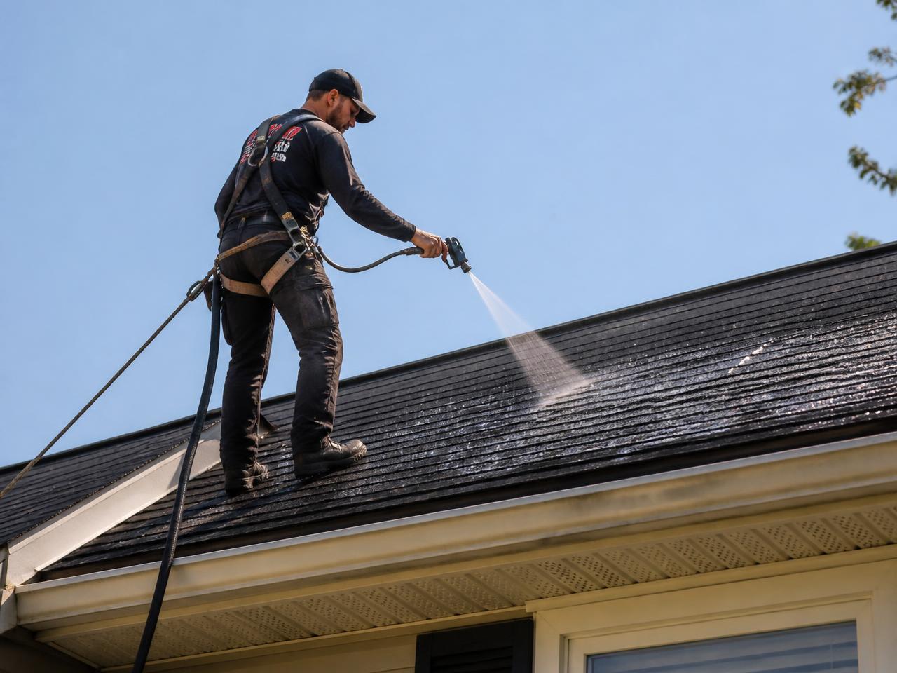 Technician applying roof rejuvenation treatment to shingles